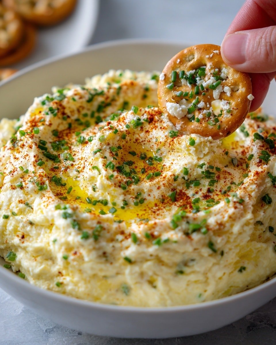 A white bowl filled with creamy, pale yellow cheese spread that has a soft, whipped texture with visible small lumps. The top layer is sprinkled with bright green chopped chives and a dusting of light reddish-brown paprika, giving a speckled look. In the center, there is a small well of golden oil. A woman’s hand is holding a round pretzel chip covered in the cheese spread and garnished with the same chopped chives and paprika, with the white marbled surface blurred in the background. Photo taken with an iphone --ar 4:5 --v 7 — Humpty Dumpty Dip, cheesy egg dip, bacon appetizer, creamy savory dip, easy party dip