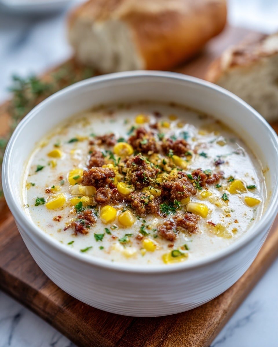 A white bowl filled with creamy soup that has three main layers: the milky white broth with small yellow corn kernels scattered throughout, browned small meat pieces with a slightly crispy texture floating on top, and green herb bits sprinkled evenly across the surface. The bowl rests on a wooden board with a blurred white marbled background, and some bread is out of focus in the back. photo taken with an iphone --ar 4:5 --v 7 — Creamy Italian Sausage Soup, Italian sausage soup recipe, comforting sausage soup, savory sausage and vegetable soup, easy creamy Italian soup