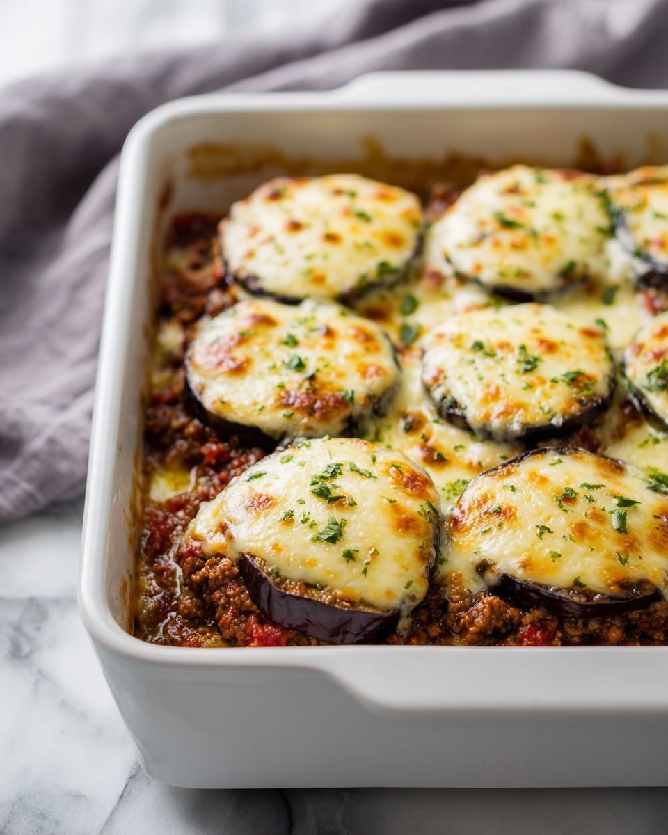 A white square baking dish shows a layered eggplant casserole. The bottom layer is chunky brown ground meat mixed with red tomato pieces and finely chopped onions. On top of this is a layer of dark purple round eggplant slices, each covered by a golden, melted cheese layer with some toasted brown spots. The cheese looks creamy and smooth, with small green herb bits sprinkled all over the top. The dish sits on a white marbled surface with a soft gray cloth slightly visible in the background. photo taken with an iphone --ar 4:5 --v 7 — Keto Eggplant and Ground Beef Casserole, low carb eggplant casserole, keto ground beef dinners, healthy eggplant recipes, keto-friendly casseroles