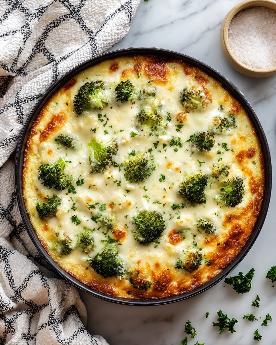 A round black baking dish holds a creamy baked casserole with a golden brown top layer of melted cheese scattered unevenly across the surface. Bright green broccoli florets are spread on top, partially melted into the cheese. Underneath, a creamy white base with visible small chunks creates a rich texture. Fresh chopped parsley is sprinkled on top, adding a touch of green color. The dish is placed on a white marbled surface with some scattered parsley and a beige bowl of salt near the top right. A white and black checkered cloth is draped casually to the left side. Photo taken with an iphone --ar 4:5 --v 7 — Keto Broccoli Cheese Chicken Casserole, low carb chicken casserole, keto vegetable bake, easy keto chicken dinner, healthy keto casserole