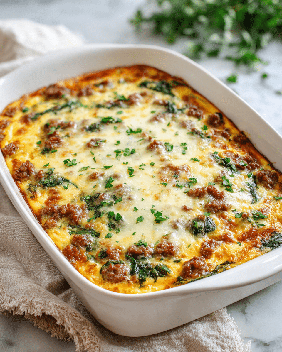 A white rectangular baking dish filled with a baked casserole that has a golden brown top layer of melted cheese, which is bubbly and slightly browned around the edges. Underneath the cheese layer, there are visible patches of cooked ground meat in brown, and wilted green spinach scattered evenly across the casserole. Small bits of chopped fresh green herbs are sprinkled on top, adding a fresh contrast against the creamy melted cheese. The dish is placed on a white marbled surface, with a light beige cloth napkin nearby and blurred greenery in the background. Photo taken with an iphone --ar 4:5 --v 7 — Keto Sausage and Spinach Casserole, low-carb sausage bake, keto spinach casserole, healthy sausage and spinach dish, keto comfort food