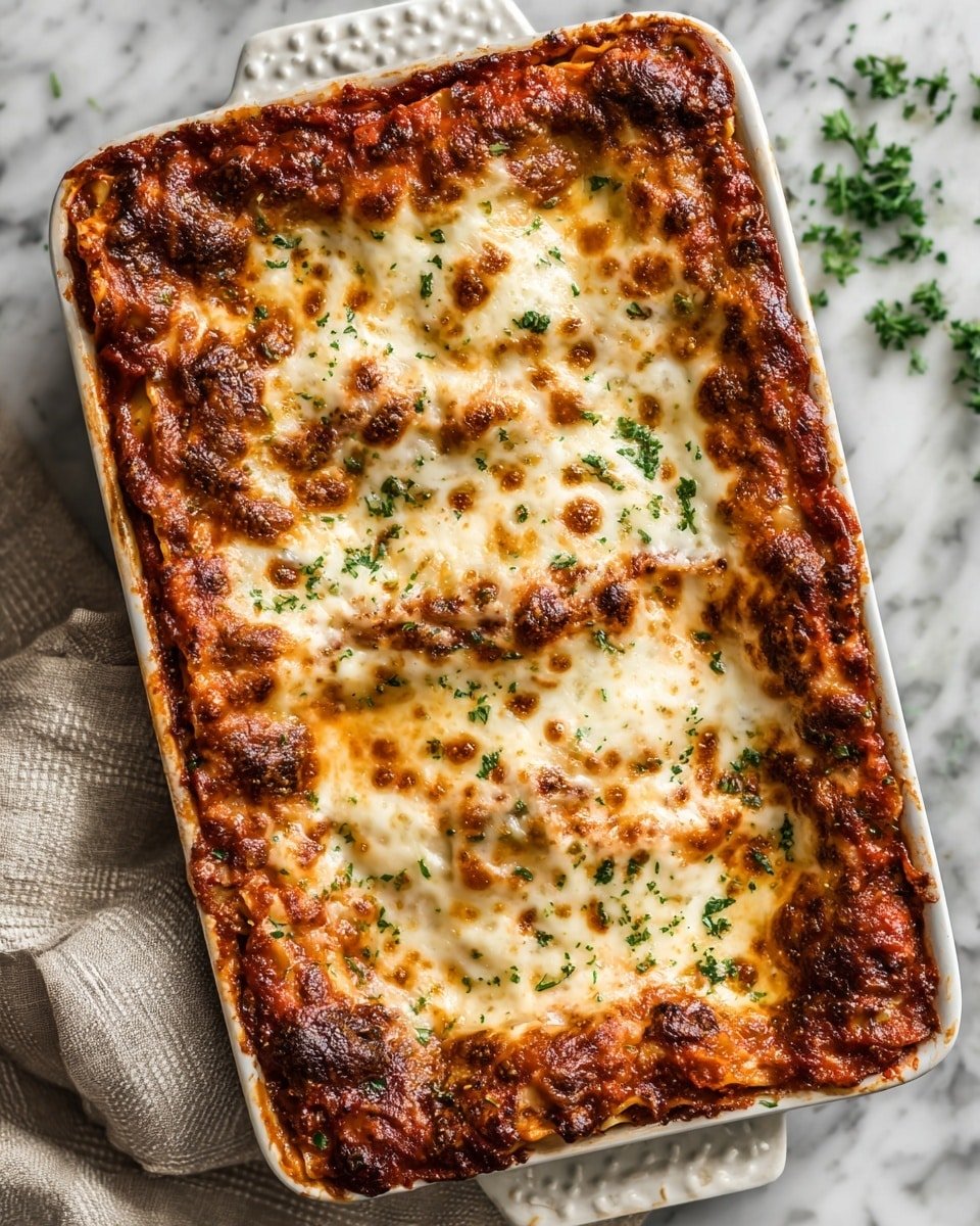 A white rectangular baking dish holds a baked lasagna with three visible layers: the bottom layer is rich red tomato sauce, the middle layer is pasta sheets covered with a mix of melted cheese and sauce, and the top layer is thick melted cheese that is golden brown and bubbly, sprinkled with small green herbs. The dish sits on a white marbled surface with a cloth napkin to the side and some green herbs blurred in the background. The cheese texture is smooth and stretchy with some browned spots on top photo taken with an iphone --ar 4:5 --v 7 — Keto Chicken Parmesan Casserole, keto chicken casserole, low-carb chicken Parmesan, keto dinner recipes, easy keto casserole