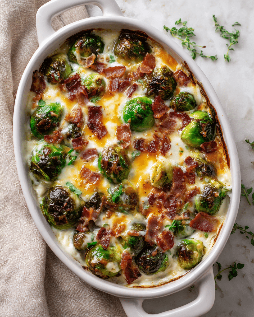 A white baking dish filled with a baked dish that has three visible layers: the bottom layer is creamy sauce that peeks out slightly around the edges, the middle layer consists of whole roasted Brussels sprouts showing a mix of deep green and lightly browned edges, and the top layer is melted golden-yellow and white cheese melted unevenly with small crispy browned spots. Scattered on top are small pieces of reddish-brown cooked bacon. The white marbled surface underneath has a few small green herb leaves around the dish, and a light beige cloth is placed to the left side. photo taken with an iphone --ar 4:5 --v 7 — Keto Cheesy Bacon Brussels Sprouts Casserole, keto Brussels sprouts recipes, low-carb cheesy Brussels sprouts bake, keto vegetable casserole, bacon Brussels sprouts side dish
