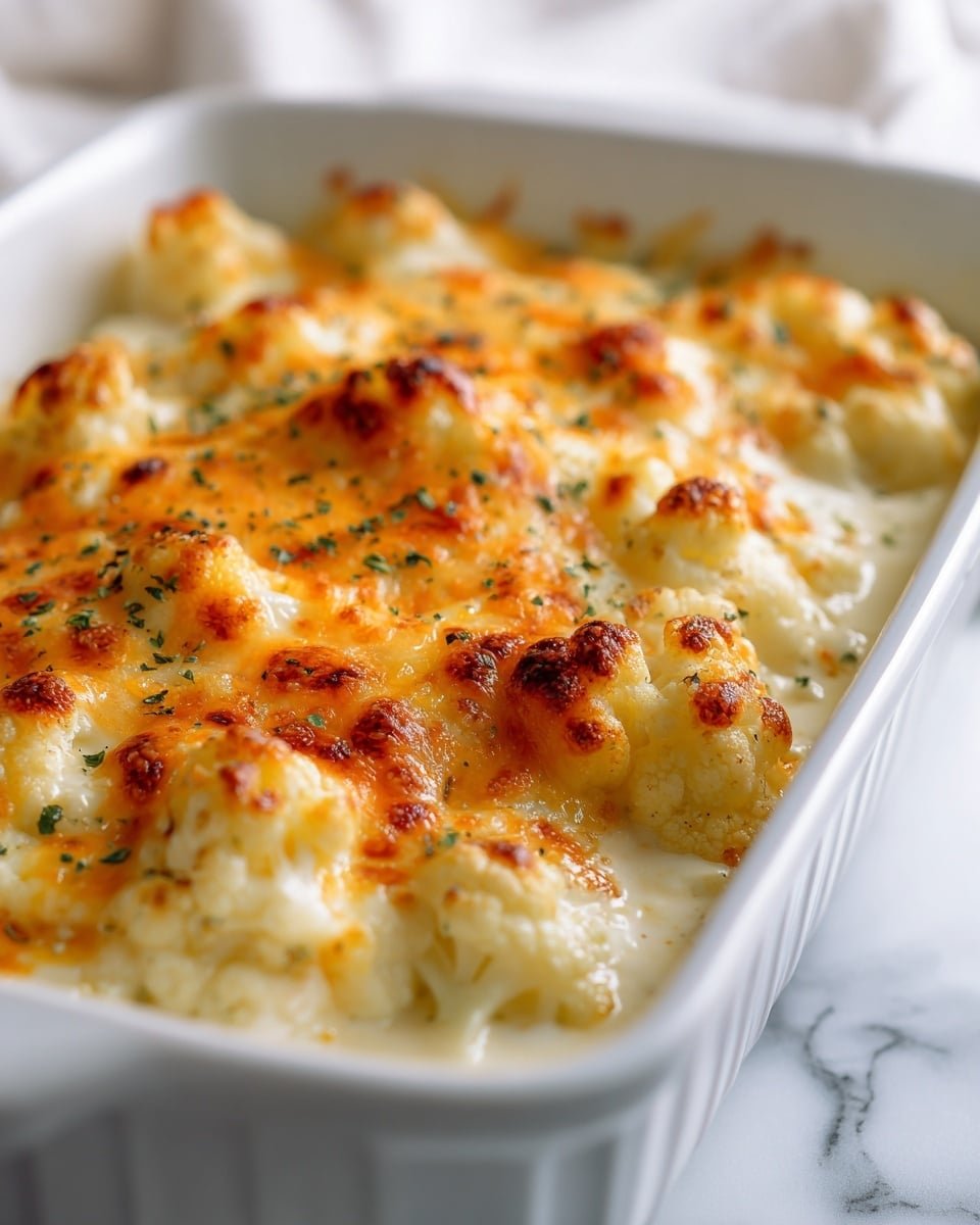 A white ceramic baking dish filled with a creamy cauliflower cheese bake, showing a top layer of melted golden orange cheese with some brown spots from baking. Underneath is a thick layer of soft white cauliflower pieces covered in a creamy white sauce. The cheese topping is sprinkled with small green herb bits, adding color contrast. The dish is set on a white marbled surface with soft natural light highlighting the textures and colors. photo taken with an iphone --ar 4:5 --v 7 — Keto Tuna Casserole, low-carb tuna casserole, creamy keto casserole, healthy tuna bake, keto comfort food