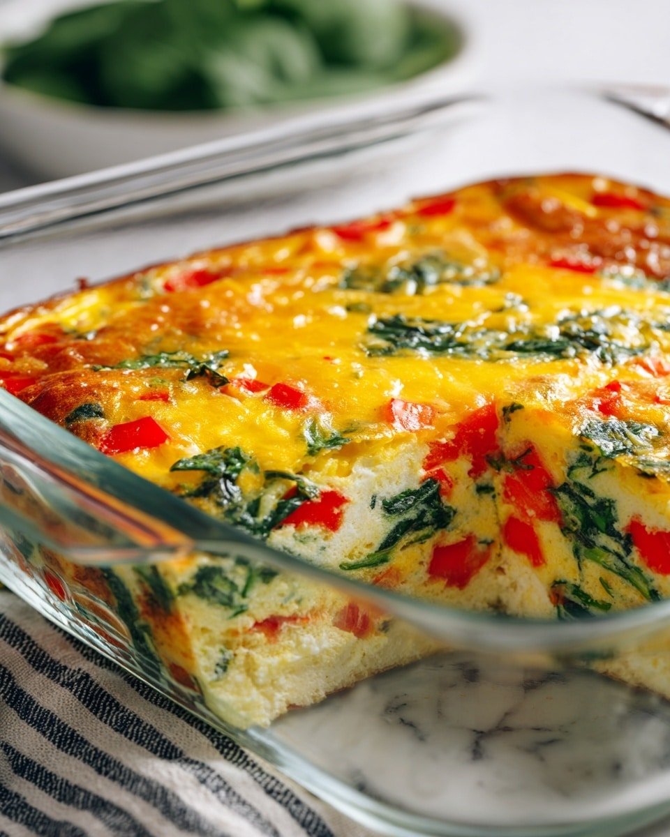 A clear glass baking dish filled with a layered egg casserole sits on a white marbled surface next to a striped cloth. The casserole has about three visible layers: the bottom layer is creamy and white, the middle layer includes bright green spinach and red bell pepper pieces, and the top layer is a golden-yellow melted cheese with some slightly browned edges. The texture of the top layer looks smooth yet slightly bubbly with specks of spinach and red pepper spread evenly. In the background, there is some blurred green spinach. Photo taken with an iphone --ar 4:5 --v 7 — Keto Egg and Spinach Breakfast Casserole, low-carb breakfast bake, healthy egg casserole, spinach and cheese breakfast dish, keto brunch ideas
