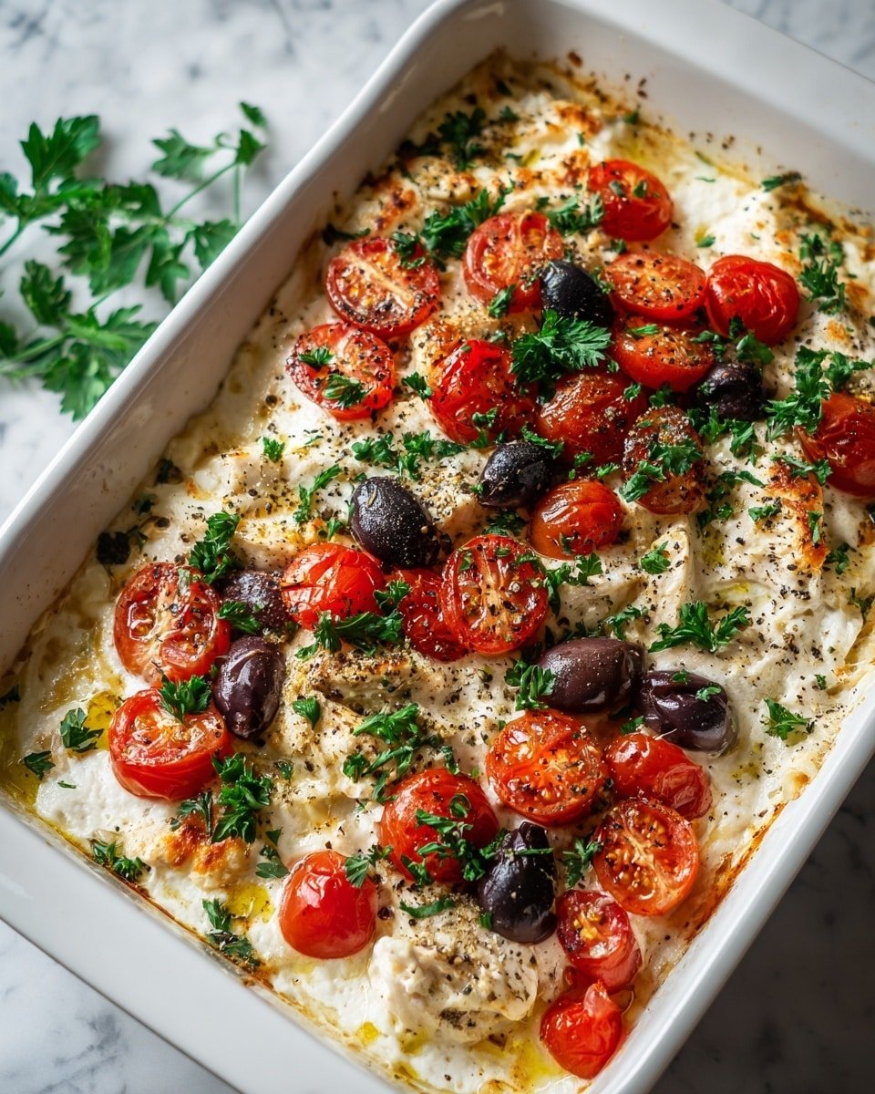 A white rectangular baking dish filled with a baked dish showing three visible layers: the bottom layer is a white creamy sauce, the middle layer has white cooked chicken pieces with light browning on the edges, and the top layer is a mix of bright red cherry tomatoes halved, whole black olives, and chopped fresh green parsley scattered across. The dish has some black pepper sprinkled on top, and the texture is soft and slightly browned in spots. The scene is set on a white marbled surface with soft natural light. Photo taken with an iphone --ar 4:5 --v 7 — Keto Greek Chicken Casserole, Greek chicken bake, low-carb Mediterranean chicken, keto chicken dinner, healthy Greek casserole