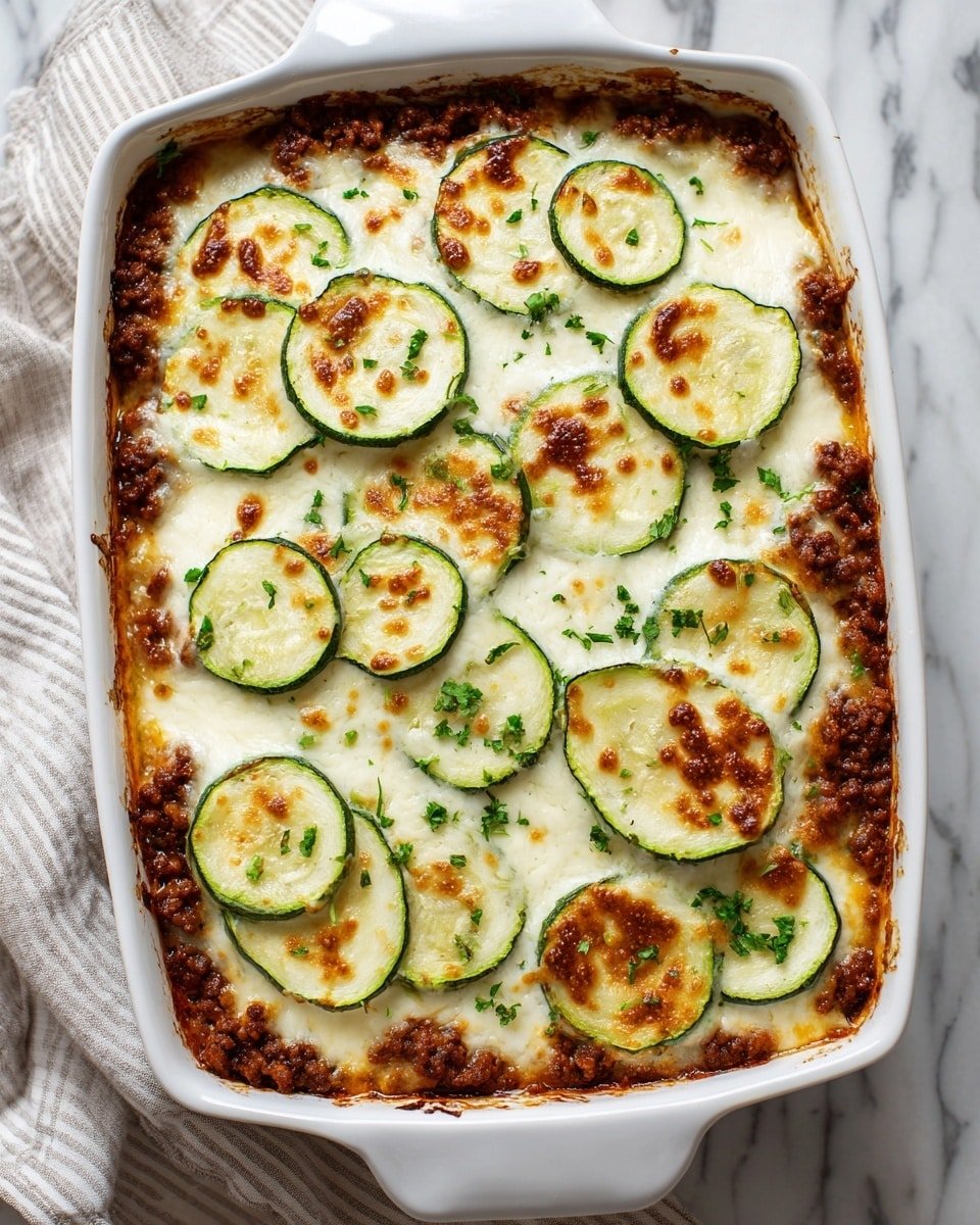A white rectangular baking dish holds a layered casserole starting with browned ground meat at the bottom, topped by a thick layer of melted white cheese covering most of the surface. On top, evenly spaced light green zucchini slices with slightly browned edges create a circular pattern. Small pieces of green herbs sprinkle over the entire dish, adding fresh color. The edges of the cheese show crisp golden-brown spots, and the background is a white marbled surface with a soft striped cloth partially visible. Photo taken with an iphone --ar 4:5 --v 7 — Keto Beef Zucchini Lasagna, low-carb zucchini lasagna, healthy keto dinner, savory zucchini lasagna, easy keto beef casserole