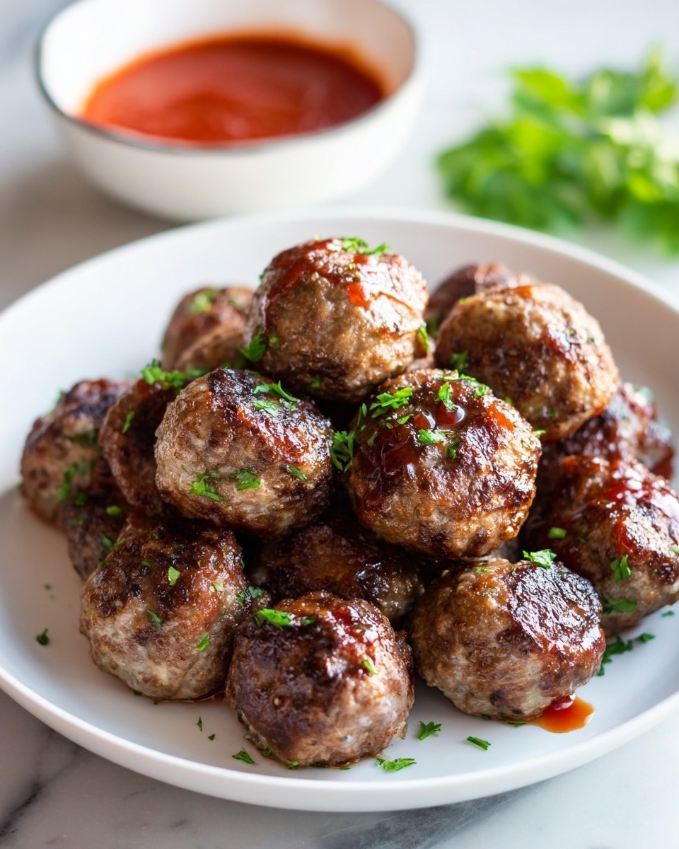 A white round plate filled with about a dozen meatballs, each meatball showing a brown, cooked texture with small bits of green herbs inside. Some meatballs have a light red sauce drizzled on top, adding a glossy shine. Small pieces of chopped green parsley are sprinkled over the meatballs, giving a fresh look. In the blurred background, there is a white bowl filled with red sauce, and some green leafy herbs on a white marbled surface. The lighting is bright and natural, showing the food details clearly. Photo taken with an iphone --ar 4:5 --v 7 — Keto Beef Meatballs, low-carb beef meatballs, keto-friendly meatball recipe, healthy keto dinner, easy keto meatballs