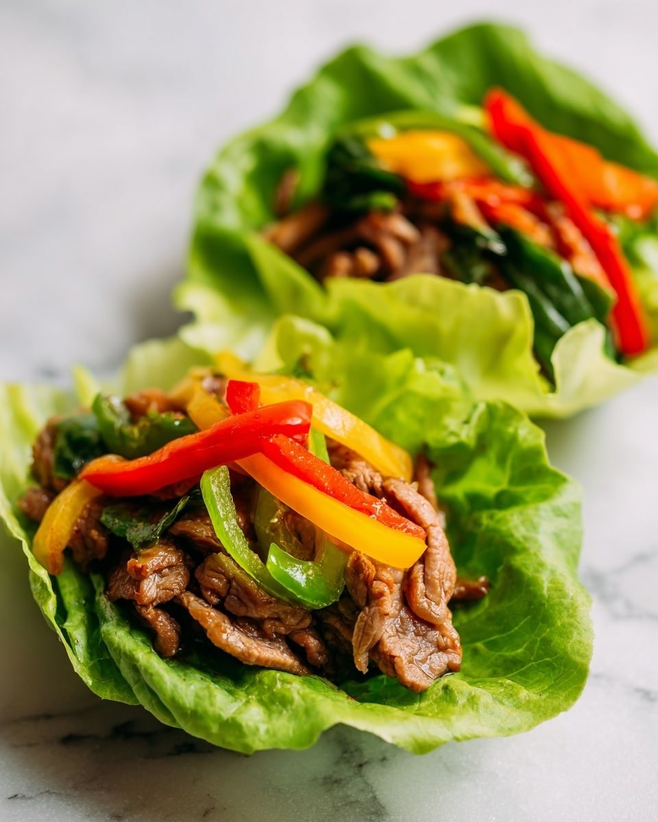 Two lettuce cups sit side by side on a white marbled surface, each cup made from bright green, crinkled lettuce leaves forming a crisp shell. Inside, the first layer is tender strips of brown cooked meat, resting on top of the lettuce. On top of the meat, there are colorful slices of bell peppers in red, yellow, and green, along with onions, creating a mix of vibrant reds, yellows, and greens that contrast with the brown meat and bright green lettuce. The texture looks fresh and juicy with slight shine on the cooked vegetables. The focus is close-up, showing the details of the ingredients clearly. Photo taken with an iphone --ar 4:5 --v 7 — Keto Beef Fajitas, low-carb beef fajitas, keto dinner ideas, healthy fajitas recipe, keto-friendly beef stir-fry