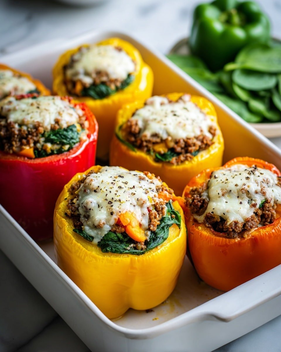 The image shows six stuffed bell peppers in a white rectangular baking dish set on a white marbled surface. Each bell pepper is whole and hollowed out, standing upright in the dish. The peppers are yellow, orange, and red in color. They are filled with a layer of cooked ground meat mixed with small bits of orange vegetables, followed by a layer of fresh green spinach leaves. The top layer of each pepper is melted white cheese, slightly browned in spots. There is a sprinkle of black pepper on the cheese. A green bell pepper and some spinach leaves are visible blurred in the background. Photo taken with an iphone --ar 4:5 --v 7 — Keto Beef and Spinach Stuffed Peppers, keto stuffed peppers with beef and spinach, low-carb stuffed peppers recipe, healthy keto stuffed peppers, easy keto stuffed peppers