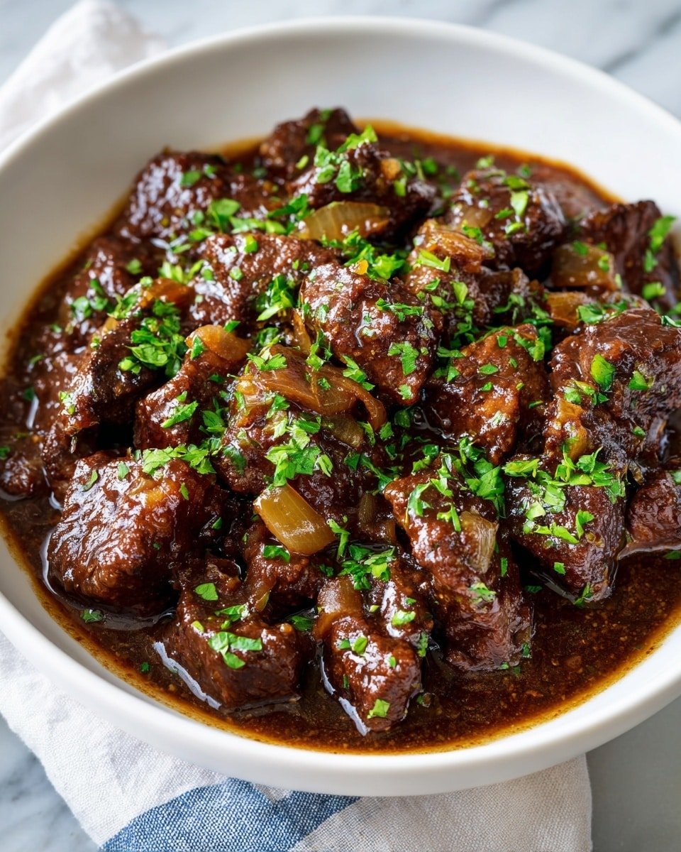 A white bowl filled with small, chunky pieces of dark brown meat in a rich, glossy brown sauce. The sauce is thick and covers the meat well, with bits of cooked translucent onions mixed in. Bright green chopped herbs are sprinkled generously over the top, adding fresh color contrast. The bowl sits on a white marbled surface with a soft, folded cloth with blue and white stripes nearby. Photo taken with an iphone --ar 4:5 --v 7 — Keto Beef Stew, low-carb beef stew, keto-friendly comfort food, hearty keto dinner, easy keto stew
