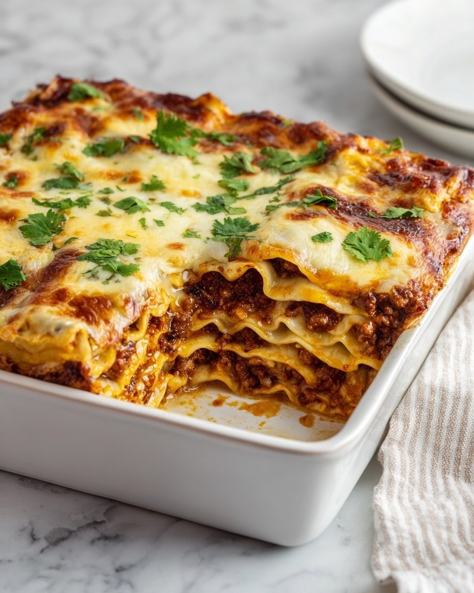 A white rectangular dish holds a layered casserole with visible layers of flat pasta, rich brown meat sauce, and melted yellow and white cheese on top, sprinkled with fresh green cilantro leaves. The edges of the casserole are slightly browned, showing a baked texture with a gooey, smooth melted cheese layer covering the surface. The dish is placed on a white marbled surface with a soft-striped light cloth nearby. Photo taken with an iphone --ar 4:5 --v 7 — Keto Beef Enchiladas, low-carb enchiladas, keto Mexican dinner, keto beef casserole, healthy Mexican recipes
