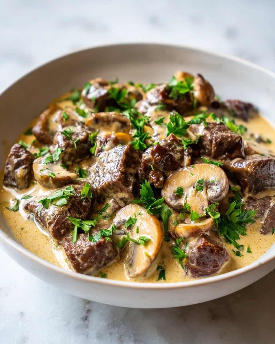 In a white bowl filled with creamy brown sauce, there are several slices of light brown mushrooms and medium-sized pieces of dark brown beef mixed together. The mushrooms have a soft, smooth texture with darker edges, while the beef looks tender and juicy. Small bright green parsley leaves are spread over the top, adding a fresh contrast to the muted colors of the dish. The bowl sits on a white marbled surface with a soft lighting that highlights the sauce’s creaminess and the dish’s hearty appearance. Photo taken with an iphone --ar 4:5 --v 7 — Keto Beef and Mushroom Stroganoff, low carb beef stroganoff, keto mushroom recipes, healthy beef stew, keto comfort food