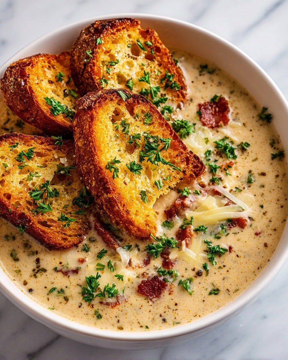 A bowl of creamy soup fills the frame, with a light beige color and small dark specks throughout. On top, three large pieces of toasted bread are stacked, showing a golden-brown crispy texture and sprinkled with fresh green parsley. Beneath and around the bread, chunks of reddish-brown cooked meat and melted white cheese mix into the soup. The bowl is white, and the background shows a white marbled surface. photo taken with an iphone --ar 4:5 --v 7 — Creamy Reuben Soup, Reuben Soup recipe, hearty deli soup, comforting soup with sauerkraut, easy Reuben soup