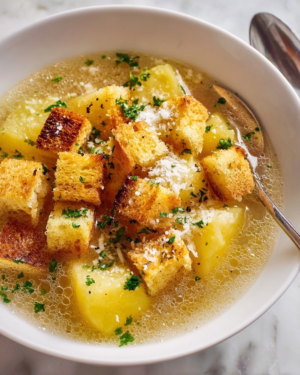 A close-up of a white bowl filled with clear broth soup, showing large, soft yellow potato chunks as the main layer. On top of the potatoes, there are golden-brown toasted croutons sprinkled with small green parsley leaves, which add texture and color contrast. The broth surface has tiny bubbles and light oil droplets, with grated white cheese lightly dusted over, blending with black pepper specks and more parsley. The background has a white marbled texture, and a shiny spoon is visible inside the bowl. Photo taken with an iphone --ar 4:5 --v 7 — Soothing Hangover Cure Garlic Potato Soup, garlic potato soup for hangovers, comforting potato garlic soup, easy restorative soup recipe, nourishing post-party soup