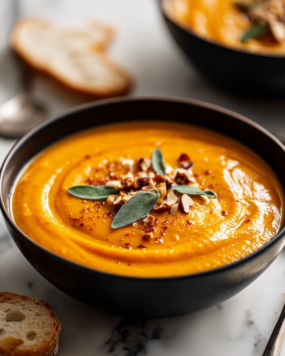 A bowl filled with smooth, creamy orange soup with a few swirls on the surface, topped with chopped nuts and small green herb leaves. The soup looks thick and rich, with a slightly shiny texture. The bowl is dark-colored and set on a white marbled surface. In the bottom corners, pieces of light-colored bread are softly blurred. Photo taken with an iphone --ar 4:5 --v 7 — Thai Coconut Pumpkin Soup, Pumpkin Soup with Coconut Milk, Spicy Thai Pumpkin Soup, Vegan Pumpkin Soup, Fall Pumpkin Soup Recipes
