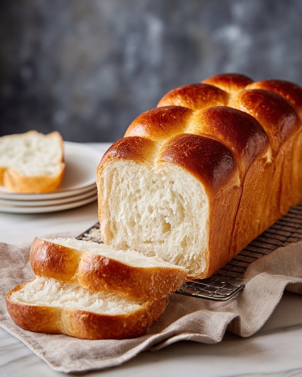 A loaf of bread with a shiny golden brown top is shown resting on a wire rack over a light brown cloth. The bread is made of 12 connected rounded segments, each with a glossy, soft crust that is slightly puffed and textured. One large slice is cut and placed in front of the loaf, revealing a fluffy, white, and airy inside with a soft texture. The background has a dark gray blurred wall and a white plate with a single bread segment visible on the left side, all set on a white marbled surface. photo taken with an iphone --ar 4:5 --v 7 — Zero Carb Yogurt Bread, keto low-carb bread, healthy yogurt bread, gluten-free bread recipe, easy low-carb baking