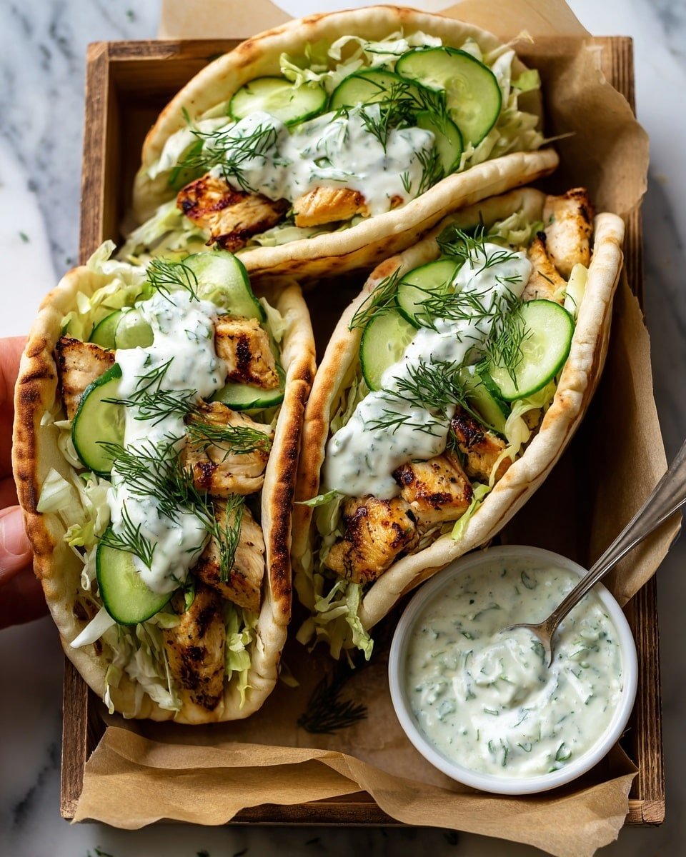 Three pita sandwiches are placed close together on brown paper inside a wooden box. Each pita is soft and light brown, filled with several layers: golden-brown grilled chicken pieces at the bottom, topped with a thick layer of light green shredded lettuce and thin slices of cucumber. There is a dollop of white creamy sauce with green herbs on top of the vegetables, garnished with fresh dill sprigs. A small white bowl filled with more of the creamy sauce sits in front of the sandwiches, with a silver spoon resting inside. The whole scene is set on a white marbled surface. photo taken with an iphone --ar 4:5 --v 7 — Sheet Pan Chicken Pitas, Herby Ranch Pitas, Easy Chicken Pita Sandwiches, Weeknight Dinner Ideas, Juicy Spiced Chicken Pitas