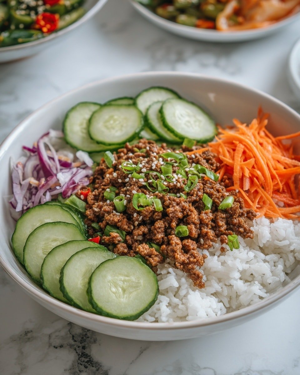 A white bowl holds a layered dish starting with a base of white rice. On top of the rice, there is a circle of thinly sliced green cucumbers placed around the edge. On one side of the bowl, a small pile of shredded orange carrots is added. In the center, there is a mound of cooked minced meat with a rich brown color, sprinkled with small white sesame seeds. Green onion slices, some light purple onion pieces, and bits of red pepper are scattered over the meat. The bowl is set on a white marbled surface, with two other blurred dishes in the background. Photo taken with an iphone --ar 4:5 --v 7 — Korean Ground Beef Bowl, Korean beef bowl recipe, quick Korean ground beef, easy Korean dinner, comforting Korean rice bowl
