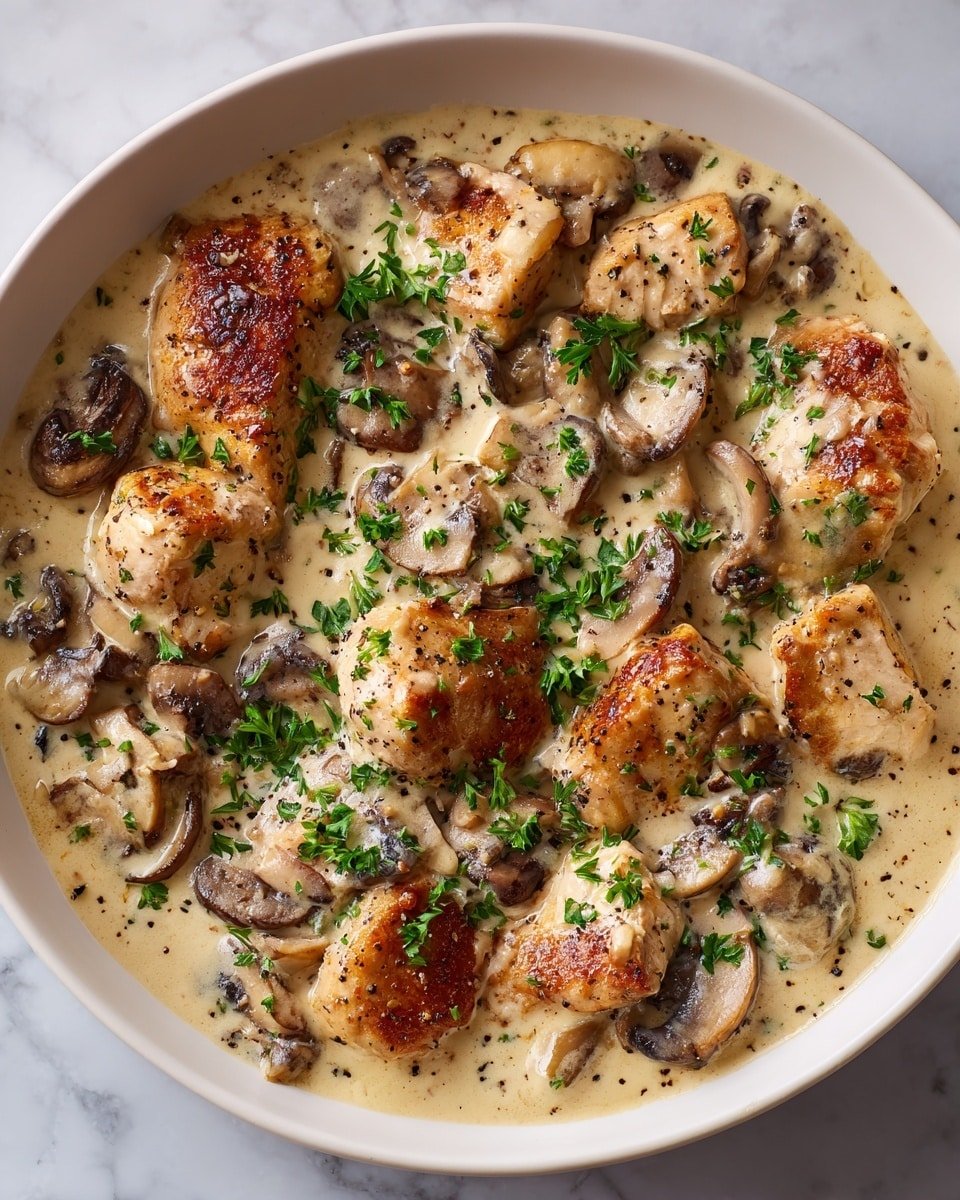This dish shows a creamy sauce covered with browned pieces of chicken and sliced mushrooms scattered evenly throughout. The sauce is light beige with a smooth, thick texture, speckled with small black pepper bits. The chicken chunks have a golden-brown sear on the edges, giving a slightly crispy look, while the mushrooms add a mix of dark and light brown shades. Small green parsley pieces are sprinkled over the top, adding fresh color contrast. The whole scene rests on a white marbled background. photo taken with an iphone --ar 4:5 --v 7 — Creamy Chicken Stroganoff, Chicken Stroganoff recipe, easy chicken stroganoff, savory chicken dîner, comforting chicken skillet