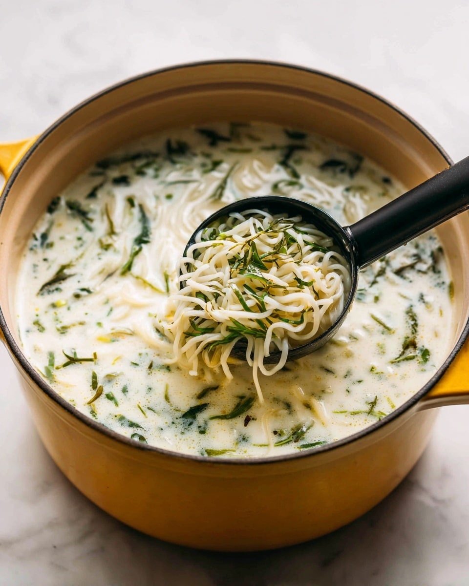 A yellow pot filled with creamy white soup with many small green herb pieces floating all over. A black ladle inside the pot scoops up white thin noodles mixed with green leafy herbs, showing a mix of soup and noodles. The pot sits on a white marbled surface, and the colors in the image are soft and natural. photo taken with an iphone --ar 4:5 --v 7 — Quick Thai Green Curry Soup, Thai green curry soup, green curry soup recipe, easy Thai soup, flavorful green curry soup