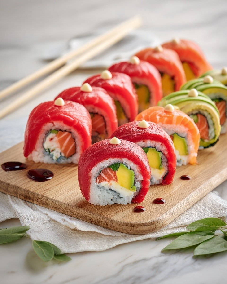 The image shows two types of sushi rolls placed on a light wood board and a white cloth with some green leaves nearby on a white marbled surface. The sushi rolls on the board have a layer of red fish on the outside, with visible layers inside of white rice, green avocado, yellow egg, and pink fish, each piece secured with a small wooden pick. The sushi on the white cloth has some pieces wrapped in seaweed and others with the same red fish outside, showing similar inner layers of rice, avocado, egg, and fish. There are small dark sauce drops near the sushi and green leaves scattered around, with a pair of white chopsticks resting above the board. Photo taken with an iphone --ar 4:5 --v 7 — Italian Charcuterie Sushi Rolls, Italian sushi rolls with cured meats, gourmet Italian sushi ideas, party appetizer recipes, unique Italian roll recipes