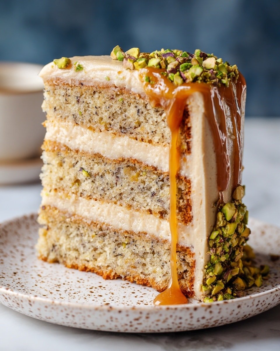A slice of three-layer cake stands on a white plate with speckled brown dots. Each cake layer is light tan with tiny dark specks throughout, showing a moist and crumbly texture. Between the layers, there is smooth creamy frosting of pale beige color. The cake top and sides are covered with a glossy caramel drizzle that slightly drips down the edges, and the entire outer surface is coated with chopped green pistachios, adding a crunchy texture. The photo is clear and close-up, showing the detailed textures of cake, frosting, caramel, and nuts, with a blurred dark blue background and white marbled surface below the plate photo taken with an iphone --ar 4:5 --v 7 — Pistachio Coffee Cake, coffee cake recipes with pistachios, easy pistachio cake, homemade coffee cake with nuts, flavorful pistachio brunch cake