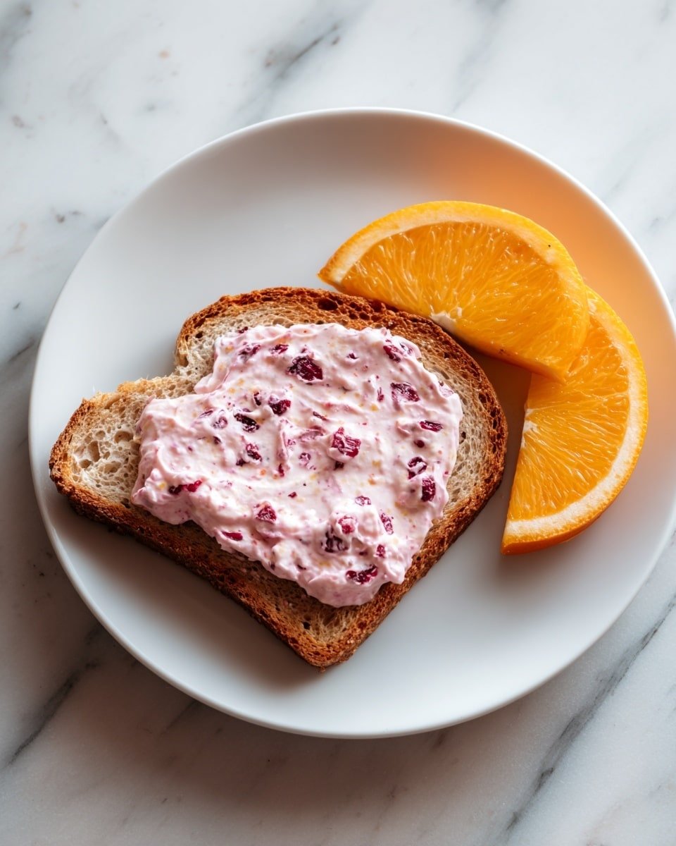 A single slice of toasted brown bread on a white plate with a thick, uneven layer of pink cream spread on top, speckled with bits of dark red fruit throughout the cream; the toast has a bite taken out of its bottom edge, showing the texture of the bread inside; next to the toast on the plate is a slice of an orange fruit; the plate sits on a white marbled surface photo taken with an iphone --ar 4:5 --v 7 — Christmas & Cream Spread, festive holiday spread, creamy cranberry orange spread, holiday breakfast ideas, easy Christmas treats