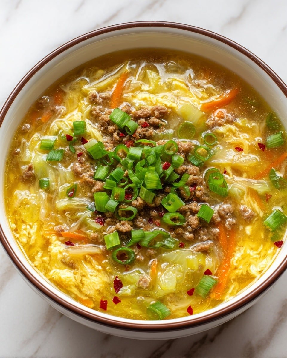A bowl of soup with a clear golden broth as the base layer, filled with soft, pale yellow cooked egg strands spread evenly throughout. Above the egg, small pieces of cooked light brown ground meat mix with thin, short orange carrot strips and translucent cabbage pieces. The top layer is sprinkled densely with chopped bright green onions and tiny red chili flakes scattered across. The bowl is white with a brown rim, and it sits on a white marbled surface. photo taken with an iphone --ar 4:5 --v 7 — One-Pot Egg Roll Soup, Egg Roll Soup with Green Onions and Ginger, Simple Egg Roll Soup, Easy Asian Soup Recipes, Cozy Broth with Pork and Cabbage