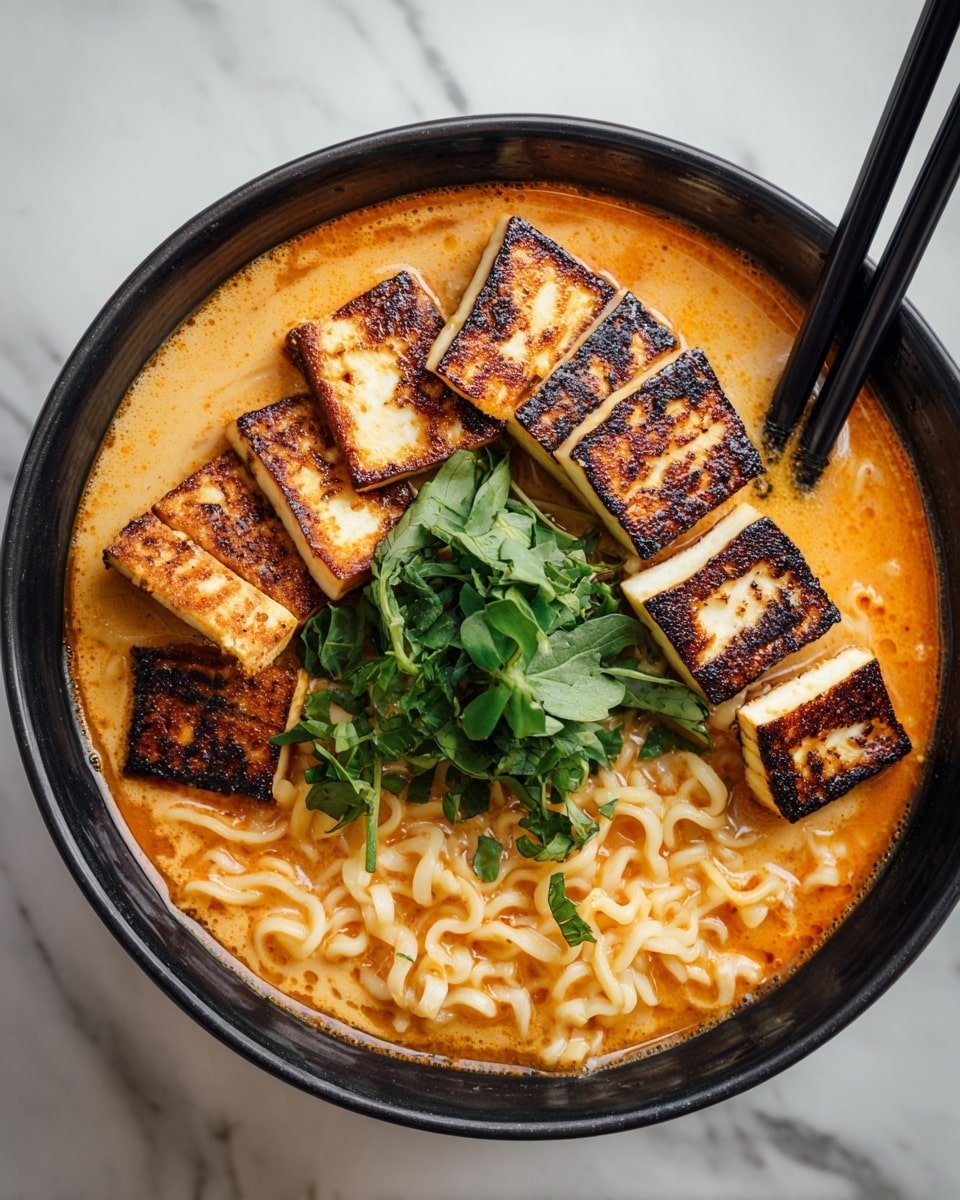 A black bowl filled with light orange creamy soup containing cooked yellow ramen noodles submerged in the broth. On top, there are eight grilled golden-brown tofu cubes with light charring on the edges, arranged in a loose row. In the center of the bowl, there is a small pile of chopped fresh green herbs. Two black chopsticks rest on the edge of the bowl, partially dipped into the soup. The bowl sits on a white marbled surface. Photo taken with an iphone --ar 4:5 --v 7 — Creamy Coconut Curry Ramen with Tofu, Coconut Curry Ramen, vegan ramen recipes, plant-based comforting meals, spicy coconut ramen bowl