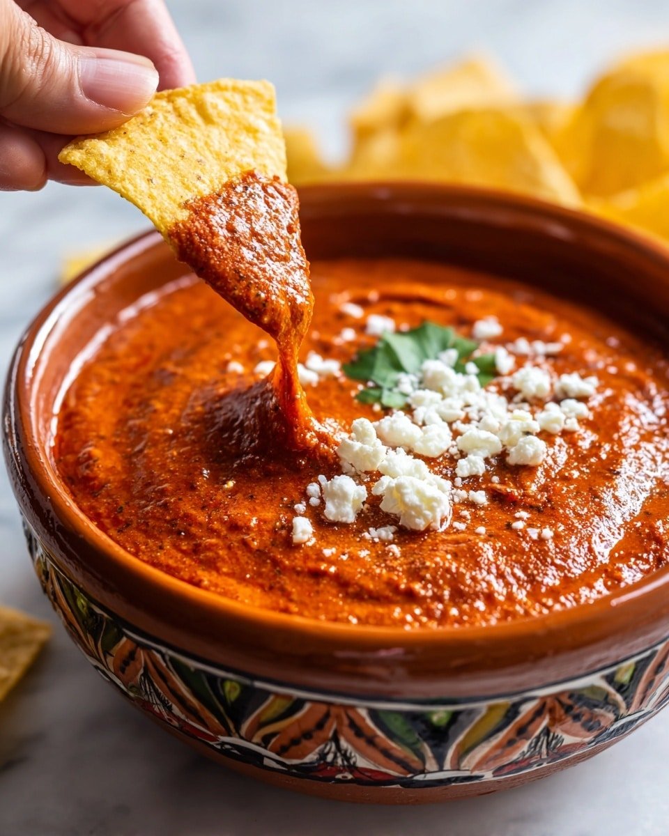 A close-up of a decorated clay bowl filled with thick, reddish-orange sauce. The top of the sauce has small white cheese crumbles and a green herb leaf peeking from the side. A yellow tortilla chip is dipped into the sauce, held by a person's fingers, with some sauce dripping from the chip back into the bowl. The bowl sits on a white marbled surface, and more tortilla chips are partially visible around it. Photo taken with an iphone --ar 4:5 --v 7 — Frijoles Puercos, Spicy Pinto Bean and Chorizo Dip, Mexican Bean Dip, Easy Party Dip, Cheesy Chorizo Dip