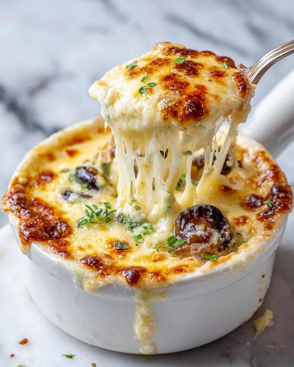 A white ceramic bowl filled with a creamy cheesy dish topped by a layer of golden-brown melted cheese with small browned spots and bubbles. The cheese layer has a smooth and slightly crispy texture, held up by a spoon lifting a portion, showing gooey, stringy cheese strands stretching from the bowl. There are some small green herb bits scattered on top and dark pieces of vegetables or olives beneath the cheese. The bowl is sitting on a white marbled surface, with a blurred background. photo taken with an iphone --ar 4:5 --v 7 — Chile Relleno Soup, spicy roasted poblano soup, creamy poblano pepper soup, hearty chile relleno broth, comforting poblano soup recipe