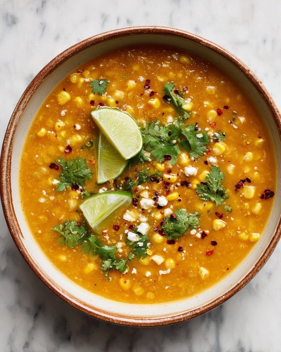 A white bowl with a rustic brown rim holds a thick orange soup filled with bright yellow corn kernels spread evenly throughout. The soup surface is topped with scattered green cilantro leaves and small white crumbles, likely cheese, adding texture contrast. There are two lime wedges placed in the center and near the edge of the bowl, and red chili flakes are scattered on top, giving a spicy look. The bowl rests on a white marbled surface. photo taken with an iphone --ar 4:5 --v 7 — Street Corn Chicken Chili, corn chicken chili recipe, spicy creamy chicken chili, smoky corn chili dinner, easy fiesta chicken chili