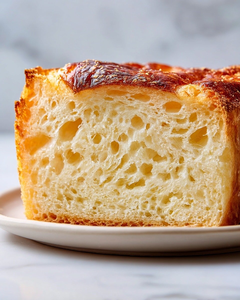 The image shows a close-up of a thick slice of bread with a golden-brown, slightly crispy crust on top. The inside has a soft, airy texture with many small holes, and is light cream in color. The bread slice is placed on a white plate sitting on a white marbled surface, with the background softly blurred. The warm light highlights the toastiness of the top layer, making the textures and colors stand out clearly. photo taken with an iphone --ar 4:5 --v 7 — Fluffy Gluten-Free Focaccia, gluten-free bread, easy gluten-free baking, airy focaccia, crispy yet soft focaccia