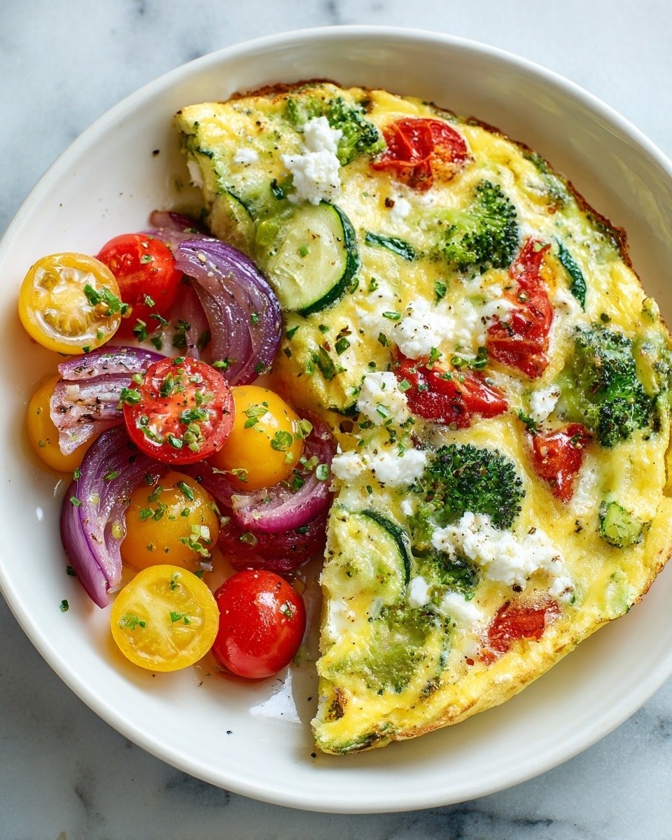 The image shows a white bowl filled with a colorful vegetable frittata. The frittata has about two layers: the base layer is a yellow cooked egg mixture with green broccoli florets and slices of green zucchini, topped with white crumbled cheese and small red tomato pieces that are slightly browned. On the side, there is a mix of halved and whole yellow and red cherry tomatoes with slices of purple roasted onion, all glistening with a hint of oil and sprinkled with small green herb bits. The bowl sits on a white marbled surface. photo taken with an iphone --ar 4:5 --v 7 — High-Protein Veggie Bake with Cottage Cheese, healthy veggie casserole, protein-packed vegetable bake, nutritious cottage cheese dinner, easy vegetarian main dish
