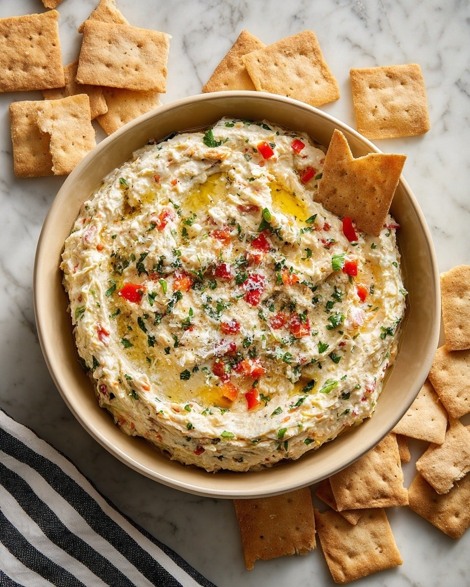 The image shows a shallow beige bowl filled with a creamy, light yellow dip. The dip is topped with small pieces of red and green peppers, some grated cheese, finely chopped fresh green herbs, and a drizzle of golden oil. A single triangular cracker sticks out of the dip near the center. Around the bowl, there are several square crackers scattered on a white marbled surface, and a napkin with black stripes lies nearby. The overall texture of the dip looks smooth with visible chunks of vegetables and herbs, giving it a colorful and fresh appearance. Photo taken with an iphone --ar 4:5 --v 7 — High Protein Cottage Cheese Giardiniera Dip, healthy protein dip, flavorful vegetable dip, easy cheese dip recipe, guilt-free party dip