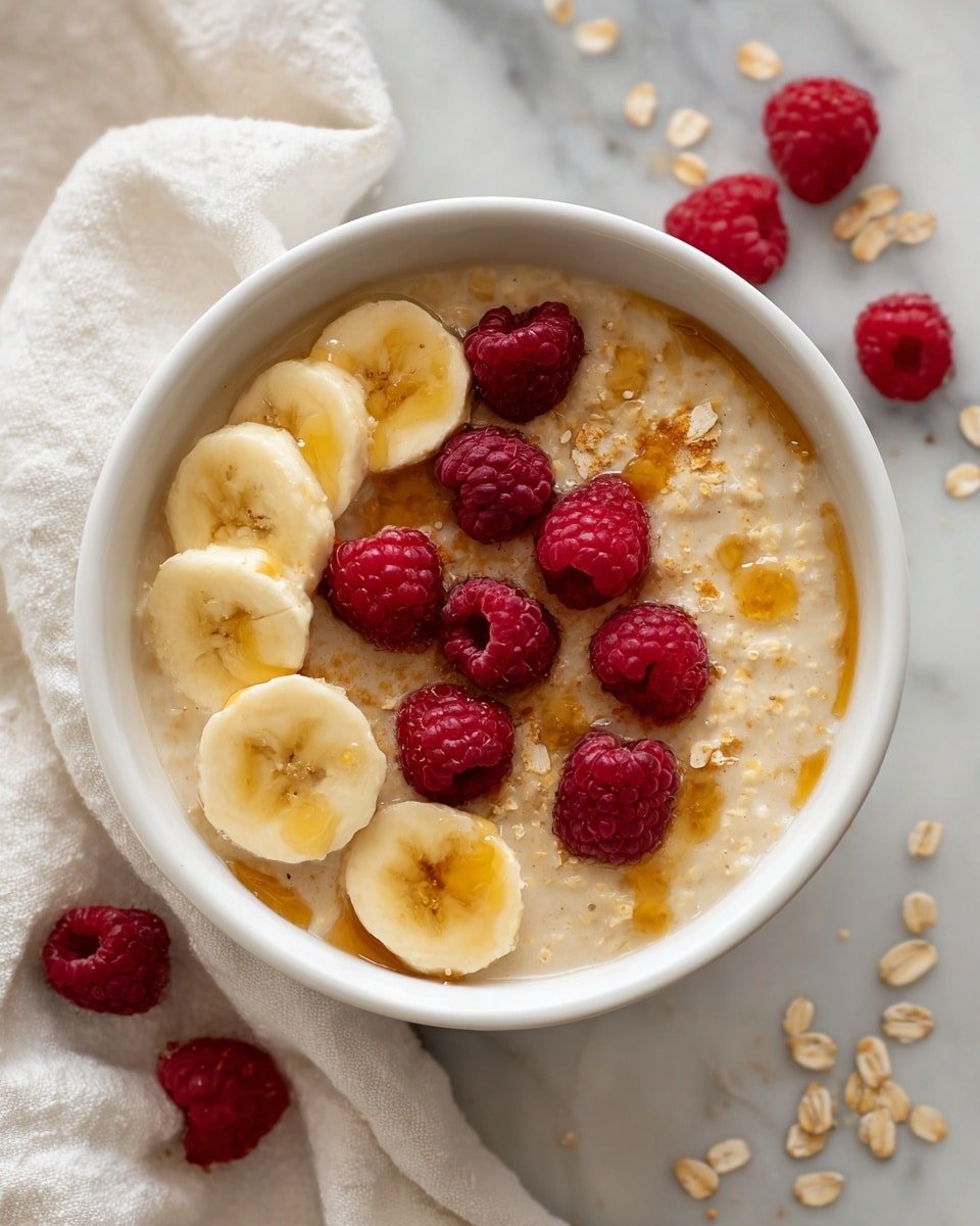 A white bowl filled with creamy beige oatmeal forms the base layer, topped with a circular arrangement of light yellow banana slices. Over the bananas and oatmeal, there are scattered oats adding a light tan color and a rough texture. Bright red raspberries are placed evenly over the surface, adding a fresh pop of color. Drizzled golden honey shines over the top, blending lightly with the oats and fruit. The bowl rests on a white marbled surface with a soft white cloth underneath, and a few loose raspberries and oats are scattered around the bowl. photo taken with an iphone --ar 4:5 --v 7 — Creamy Custard Oatmeal with Fresh Berries and Nuts, healthy oatmeal recipes, nourishing breakfast ideas, fruity breakfast bowls, easy comfort breakfast
