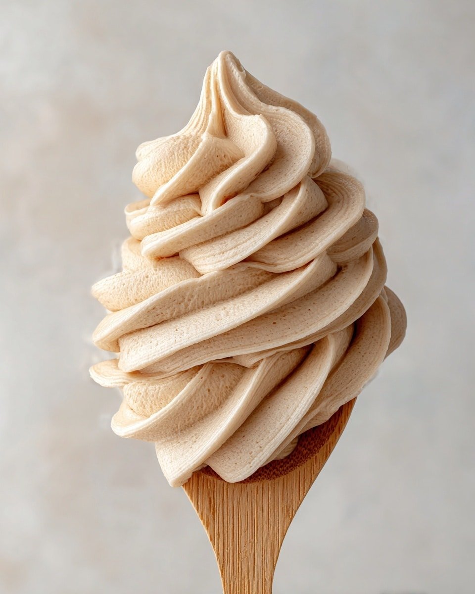 A close-up view of creamy beige frosting swirled smoothly in several thick layers on a light wooden spoon, creating soft peaks and curving ridges with a smooth, slightly airy texture, held gently against a white marbled background. photo taken with an iphone --ar 4:5 --v 7 — Vanilla Cream Cheese Frosting, classic vanilla frosting, cream cheese frosting recipe, vanilla frosting for cakes, easy cream cheese frosting