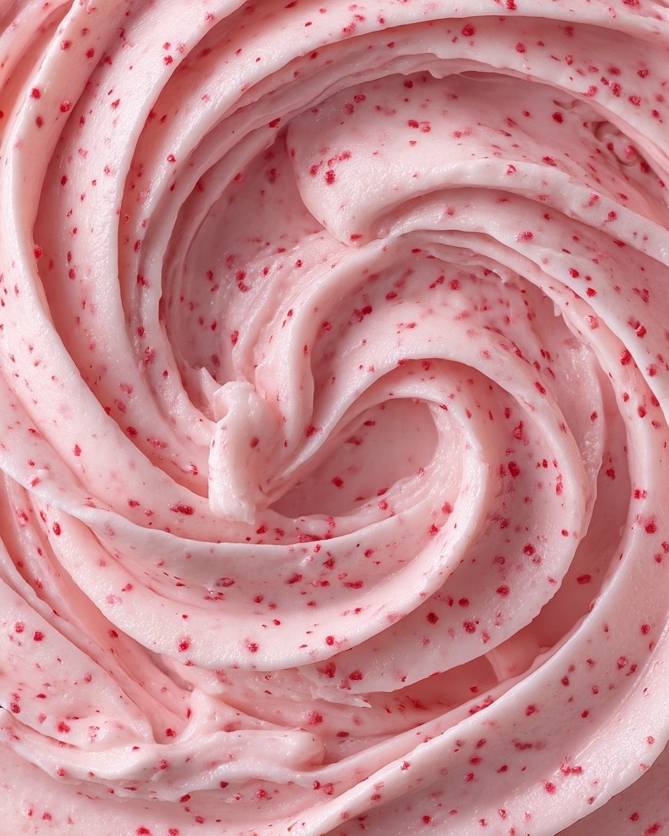 A close-up view of smooth, creamy pink frosting swirled in a spiral pattern with small red specks spread evenly throughout, showing a soft and airy texture with gentle peaks and swirls intertwined, all set against a white marbled background. Photo taken with an iphone --ar 4:5 --v 7 — Strawberry Cream Cheese Frosting, strawberry frosting for cake, easy fruit frosting, homemade cream cheese frosting, spring dessert frosting