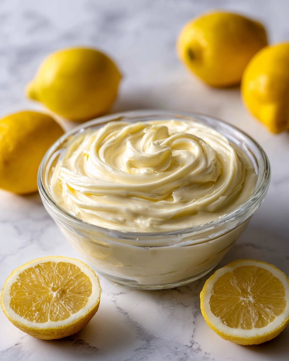 A clear glass bowl filled with thick, creamy, pale yellow frosting swirled smoothly in the center with soft, wavy textures around the edges. The bowl sits on a white marbled surface decorated with whole bright yellow lemons and one lemon cut in half showing a fresh interior. The frosting looks light and fluffy, with a natural shine that catches the light, highlighting its soft texture. Photo taken with an iphone --ar 4:5 --v 7 — Lemon Cream Cheese Frosting, lemon cream cheese frosting, lemon frosting recipe, tangy cream cheese frosting, lemon frosting for cakes