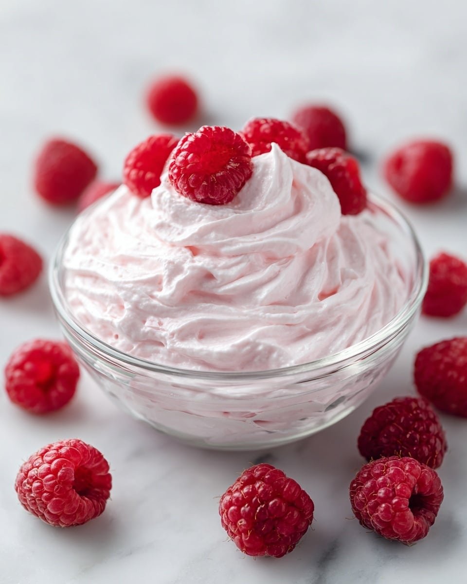 A clear glass bowl filled with one thick layer of light pink whipped cream, swirled in soft peaks and topped with scattered fresh, bright red raspberries. Around the bowl are more raspberries placed on a white marbled surface. The texture of the whipped cream looks smooth and fluffy, and the raspberries add a fresh and vibrant contrast. photo taken with an iphone --ar 4:5 --v 7 — Raspberry Cream Cheese Frosting, raspberry frosting for cupcakes, homemade fruit frosting, pink berry cream cheese frosting, easy raspberry frosting recipe