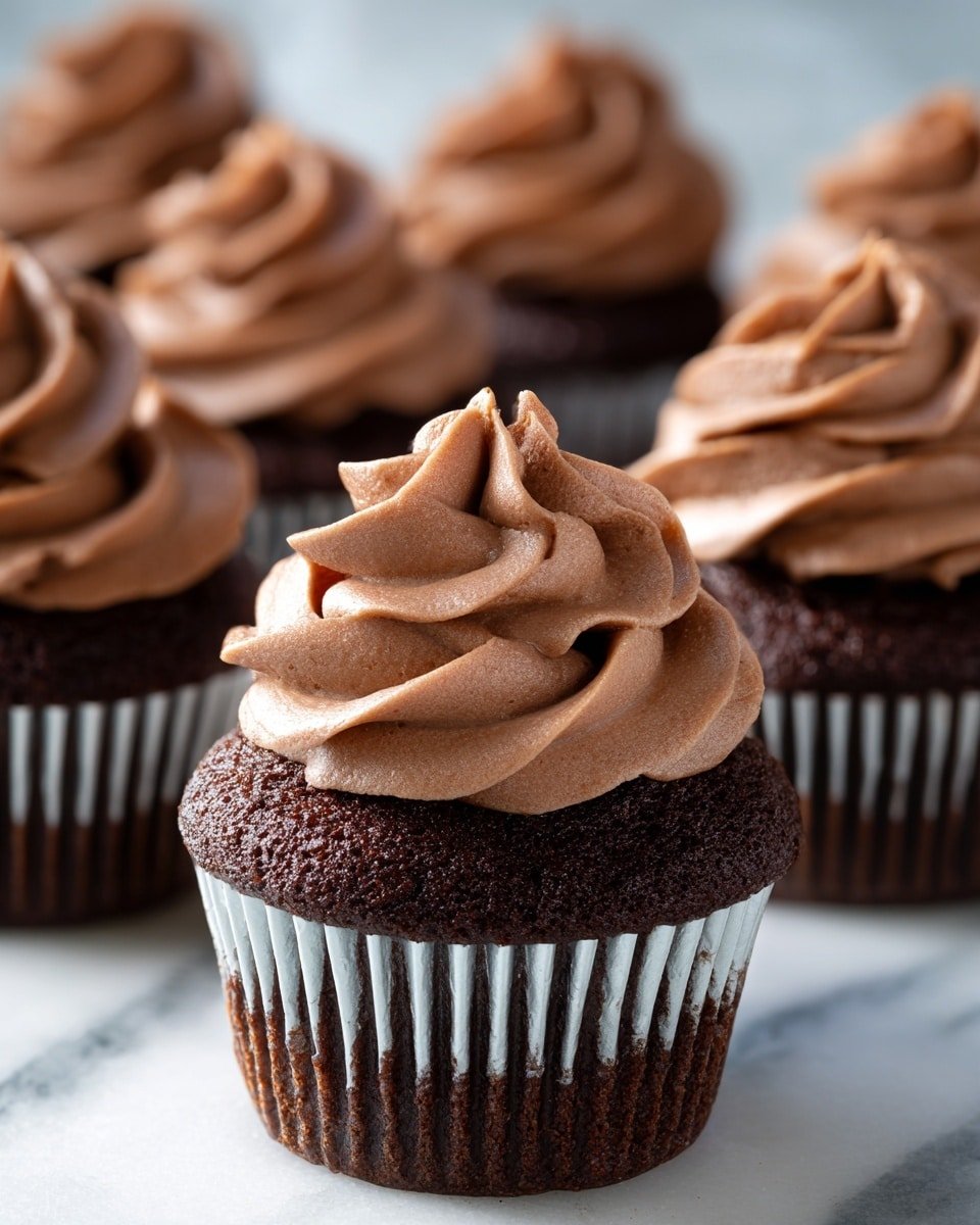The image shows several chocolate cupcakes arranged closely on a white marbled surface. Each cupcake has two layers: the bottom layer is dark brown, moist chocolate cake wrapped in a silver liner with vertical ridges, and the top layer is a thick swirl of smooth, light brown chocolate frosting piped in a spiral pattern, ending in a soft peak at the center. The focus is on one cupcake in the middle, while others softly blur in the background, with soft, natural light highlighting the texture of the frosting and cake. Photo taken with an iphone --ar 4:5 --v 7 — Decadent Chocolate Cream Cheese Frosting, chocolate cream cheese frosting, homemade chocolate frosting, easy cream cheese frosting, rich chocolate frosting for cakes