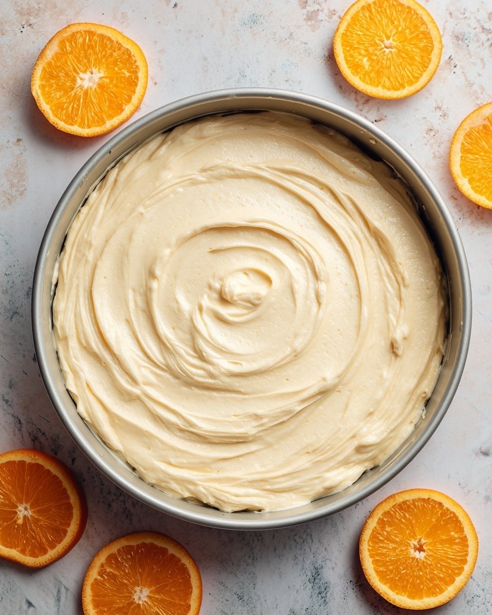 The image shows a single layer of smooth, creamy, pale yellow frosting swirled in a circular pattern inside a round metal cake pan. The frosting has soft peaks and ridges that create a rosette-like texture across the entire surface. Around the pan, there are four halved bright orange slices placed on a white marbled surface, adding a fresh contrast to the pale yellow frosting. photo taken with an iphone --ar 4:5 --v 7 — Orange Cream Cheese Frosting, citrus cream cheese frosting, best cream cheese frosting with orange, easy orange frosting recipe, bright citrus frosting