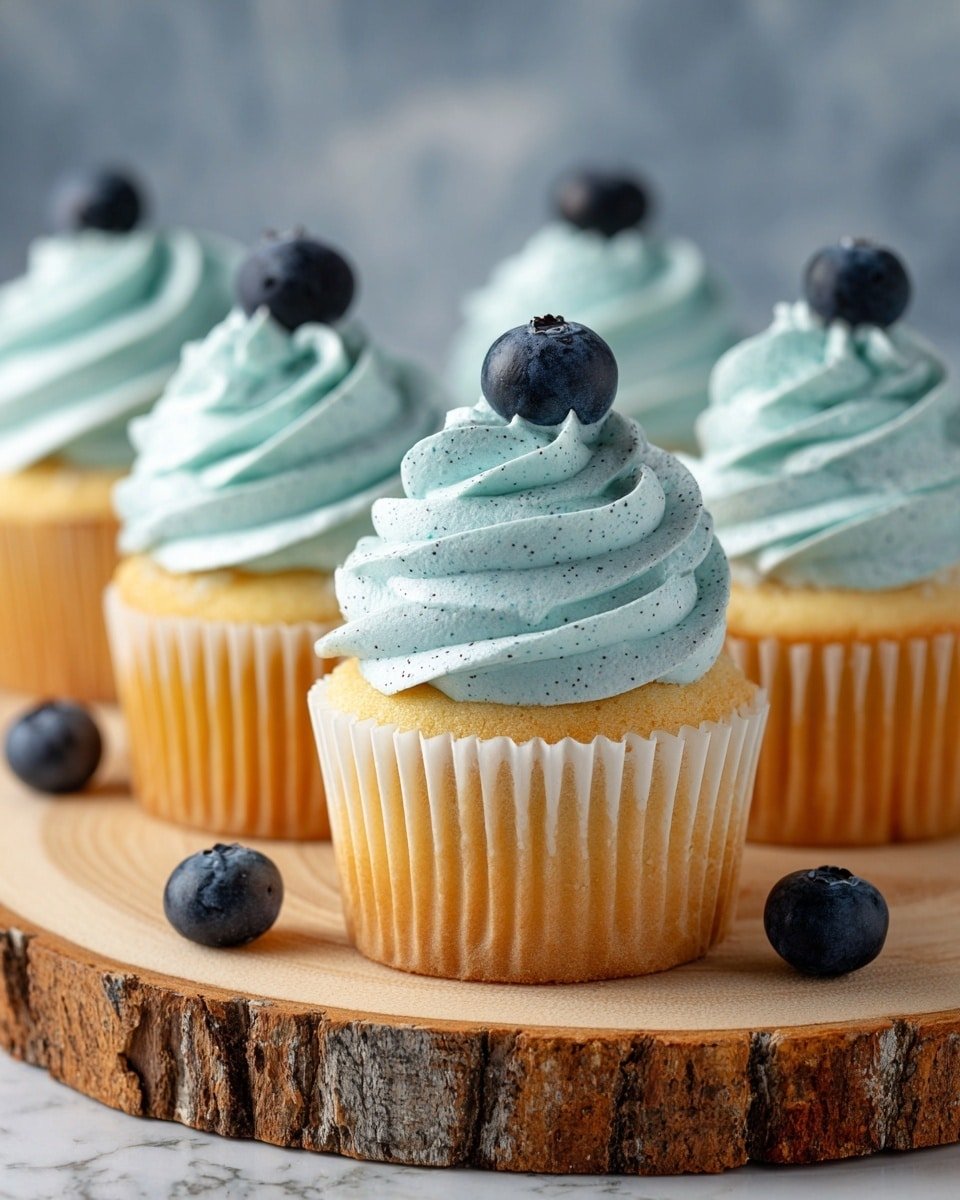 The image shows several vanilla cupcakes arranged on a round wooden board with bark edges. Each cupcake has a base of light yellow cake wrapped in a white liner. On top, there is a thick swirl of smooth, light blue frosting with fine specks. Each swirl is topped with two fresh dark blue blueberries, adding a nice contrast. The background is a white marbled texture. Photo taken with an iphone --ar 4:5 --v 7 — Blueberry Cream Cheese Frosting, blueberry frosting for cake, easy fruit-flavored frosting, homemade blueberry frosting, creamy blueberry frosting