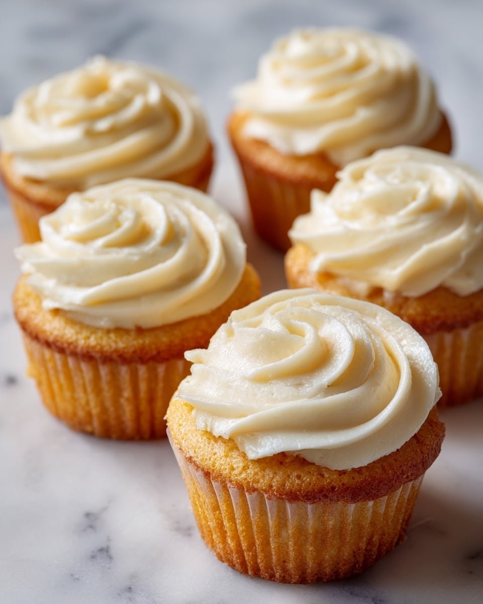 Five golden brown cupcakes are placed close together on a white marbled surface. Each cupcake has one thick layer of creamy, off-white frosting swirled on top, forming a smooth spiral ending in a small peak at the center. The cupcakes are uniform in size with light, slightly shiny paper wrappers. The background is softly blurred, keeping the focus on the detailed texture of the frosting and cake. photo taken with an iphone --ar 4:5 --v 7 — White Chocolate Cream Cheese Frosting, white chocolate frosting, cream cheese frosting, easy frosting recipe, cake frosting ideas