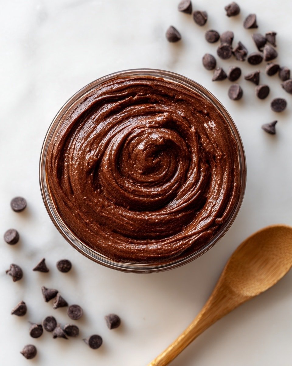 A clear glass bowl filled with smooth, thick chocolate batter swirled gently across the top, showing a rich dark brown color and creamy texture. To the upper right of the bowl are scattered small dark chocolate chips on a white marbled surface. A wooden spoon with a light brown tone lies diagonally on the surface at the bottom right of the bowl. The whole scene is set on a white marbled background with soft natural lighting. photo taken with an iphone --ar 4:5 --v 7 — Decadent Dark Chocolate Cream Cheese Frosting, rich chocolate frosting, easy chocolate cream cheese frosting, homemade chocolate frosting, indulgent frosting recipes