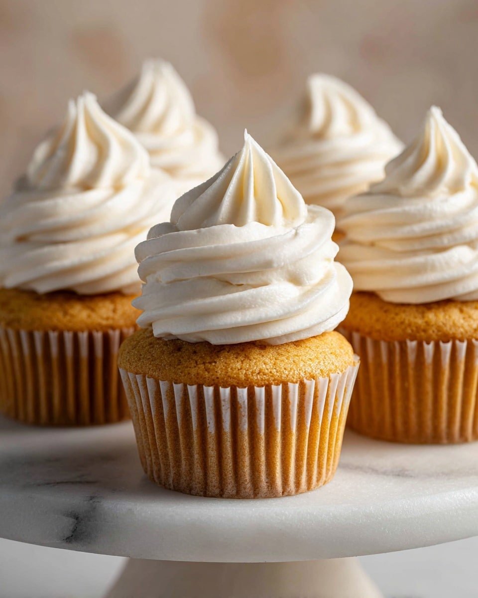 The image shows five cupcakes arranged closely on a round white marbled cake stand. Each cupcake has a golden-brown base with a slightly textured surface and a ribbed white paper cup around it. On top, there is a smooth, creamy white frosting swirled in a tall, rounded spiral with soft ridges, giving a fluffy look. The background is softly blurred, keeping the focus on the cupcakes. Photo taken with an iphone --ar 4:5 --v 7 — Banana Cream Cheese Frosting, banana cream cheese frosting recipe, frosting for cakes and cupcakes, easy banana frosting, flavorful cream cheese frosting