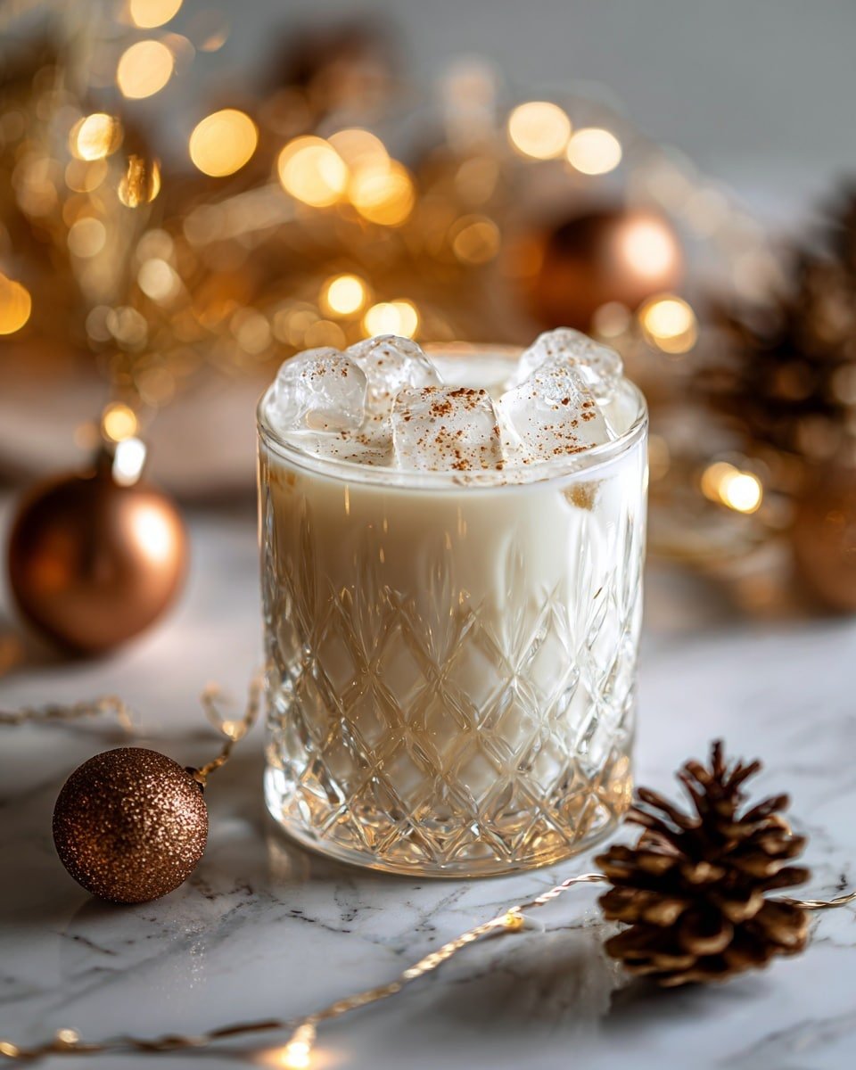 A clear glass filled with a creamy white drink is shown, topped with several large ice cubes that give a translucent texture and a few sprinkles of brown spice on the surface. The glass has a diamond-cut pattern at the bottom and smooth sides above. Around the glass, there are soft glowing string lights and blurred Christmas decorations, including a pine cone and round shiny ornaments in a warm bronze color, all placed on a white marbled surface. The mood is cozy and festive with warm light reflections on the glass. photo taken with an iphone --ar 4:5 --v 7 — Eggnog White Russian, holiday cocktail recipes, festive coffee cocktails, creamy winter drinks, easy eggnog cocktails
