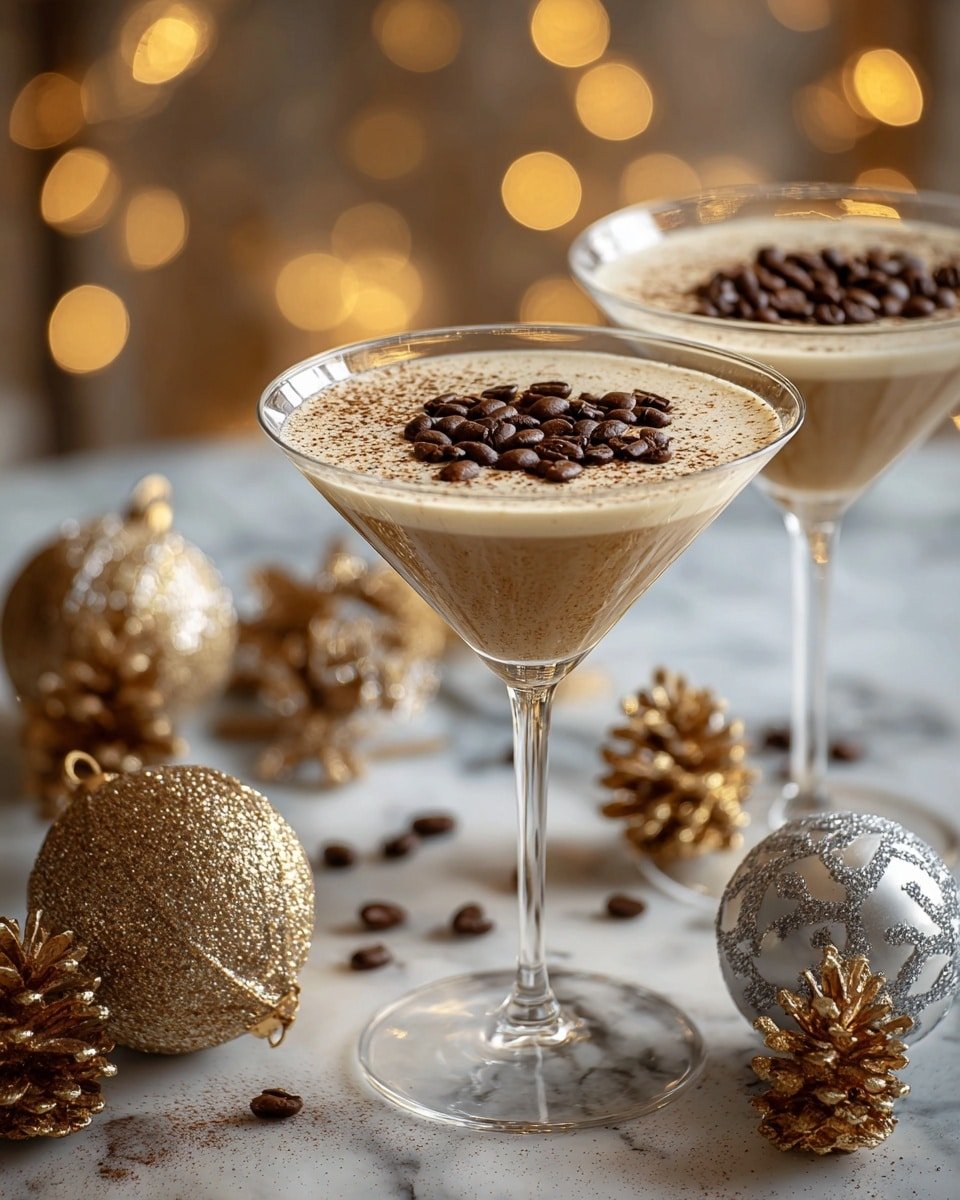 The image shows two clear martini glasses filled with a smooth light beige creamy drink. Each glass has a layer of small dark brown coffee beans on top, surrounded by a light sprinkle of dark powder. The glasses have thin stems and stand on a white marbled surface scattered with coffee beans. Around the glasses, there are sparkly gold and silver Christmas ornaments and a pine cone painted with gold tips, with soft warm lights glowing in the blurred background. photo taken with an iphone --ar 4:5 --v 7 — Eggnog Espresso Martini, festive cocktail recipes, holiday alcohol drinks, easy holiday cocktails, espresso eggnog cocktail