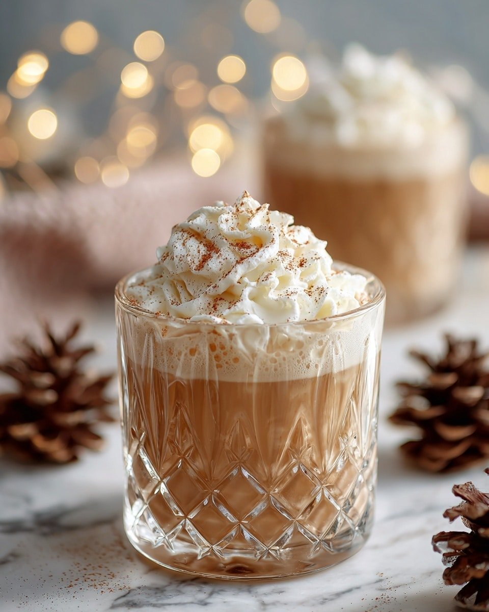 A clear glass with a diamond pattern holds a light brown creamy drink filling about three-quarters of the glass. On top, there is a thick layer of white whipped cream with a soft, swirled texture, sprinkled lightly with brown powder. In the background, another glass of the same drink is slightly blurred, placed on a white marbled surface. Small warm lights and pinecone decorations add a cozy feeling around the glasses. Photo taken with an iphone --ar 4:5 --v 7 — Creamy Eggnog with Baileys, Eggnog with Baileys Irish Cream, holiday eggnog drink, festive eggnog recipe, cozy winter drinks